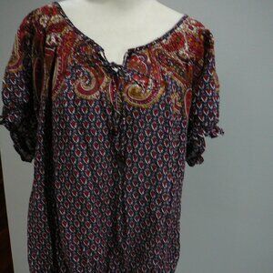 Nine West Jeans Bohemian Peasant Short Sleeve Blue Red Ruffled Blouse-Size XXL